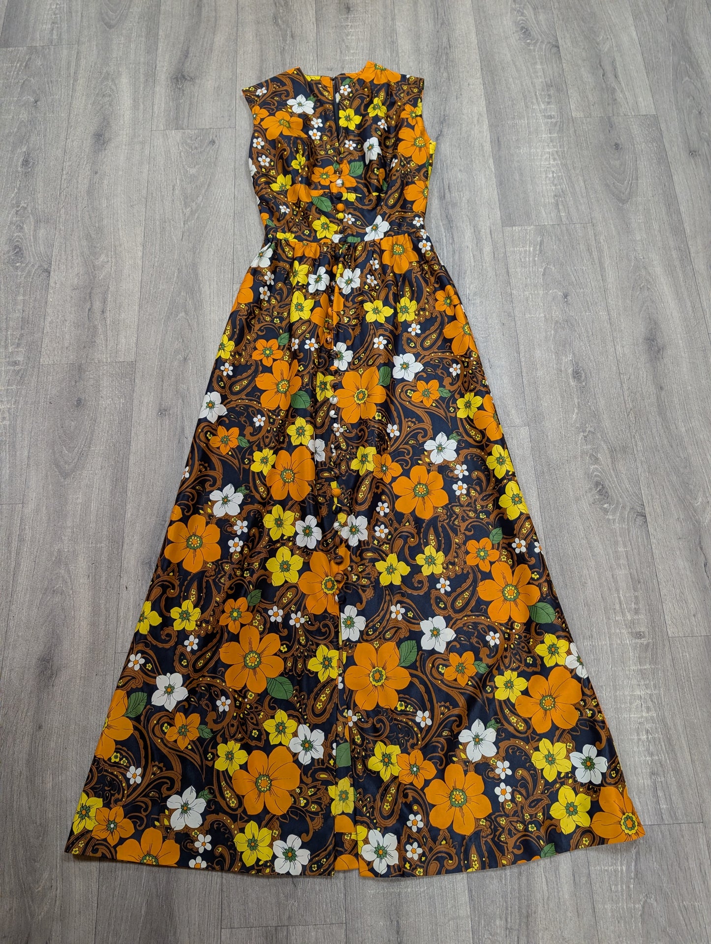 60s/70s Global orange floral maxi dress - XS/6