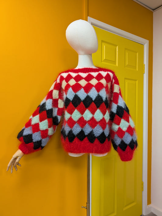 1980s red mohair hand knitted jumper - S/M