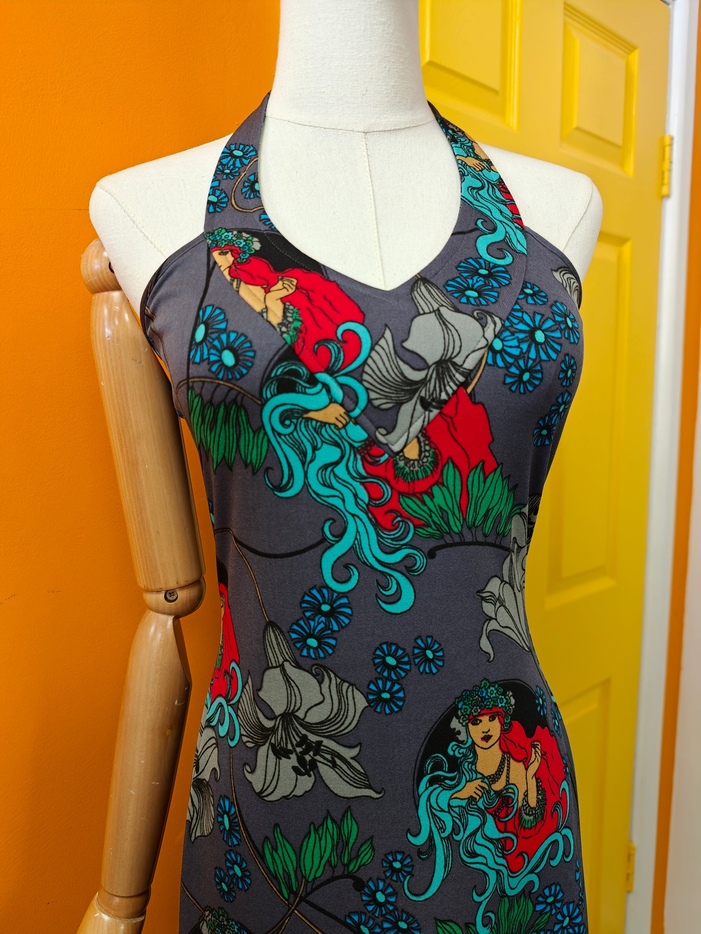 1970s Suku San novelty Art Nouveau print halter neck maxi dress & jacket - XS/S/6/8