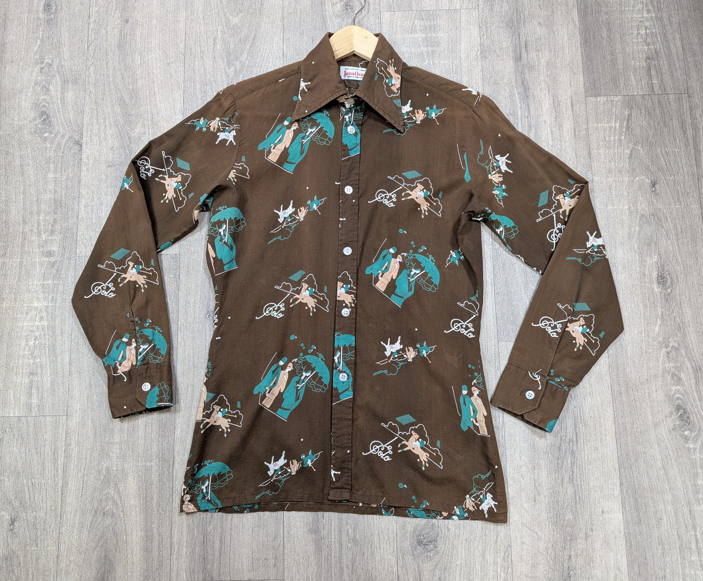 1970s Jonathan cotton Art Deco polo novelty print shirt