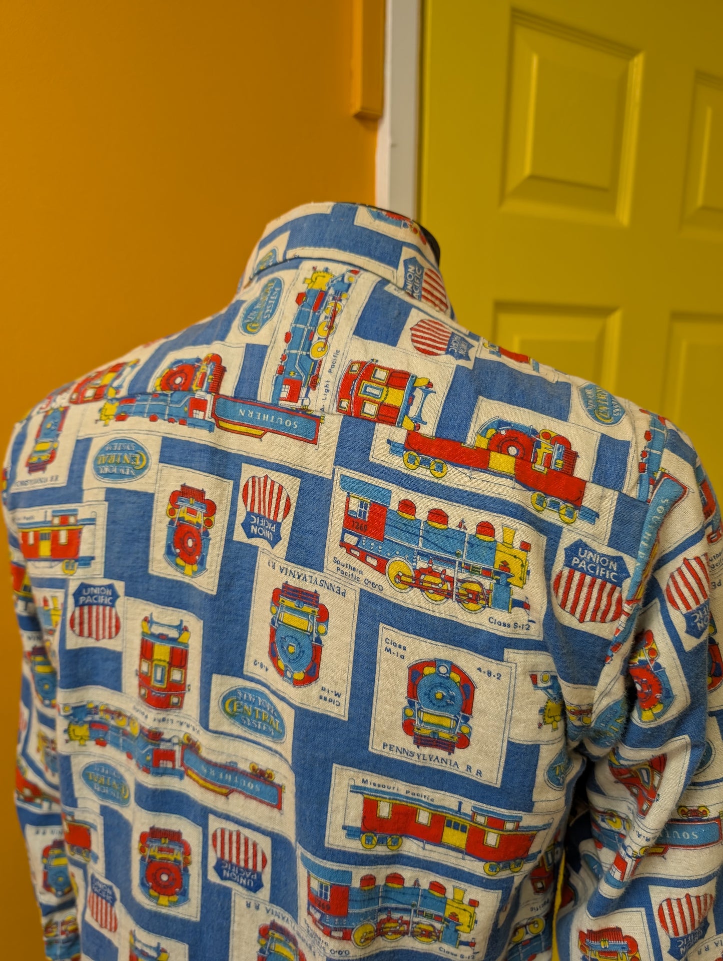 1960s Prest-Rite novelty train print cotton flannel shirt