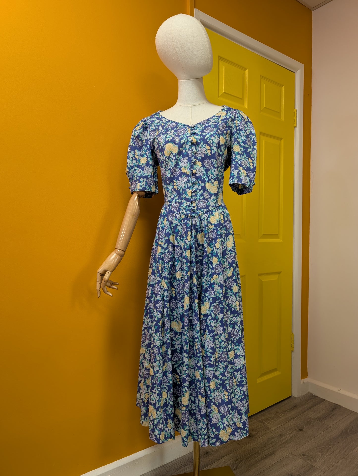 1980s Laura Ashley blue floral cotton dress - M/12
