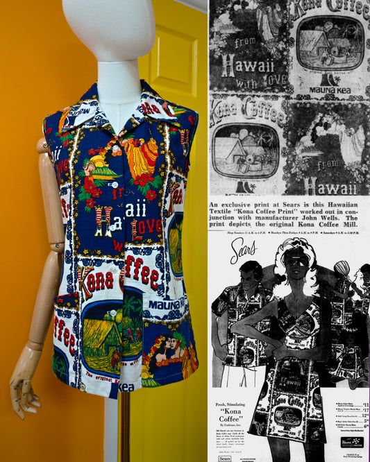 1970s Hawaiian 'Kona Coffee' novelty print top - S