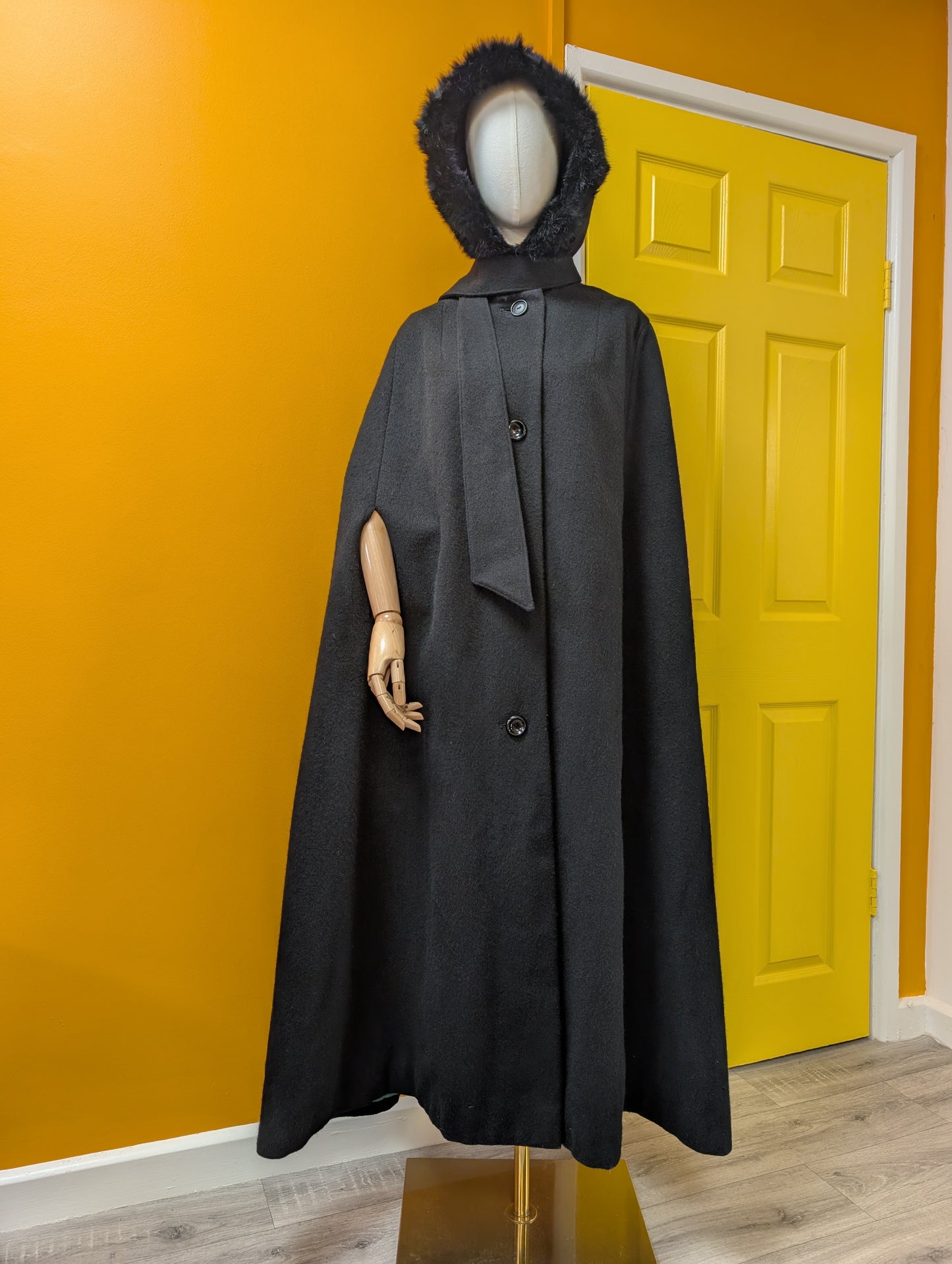 1960s Raymond of London black wool cape with fur trim
