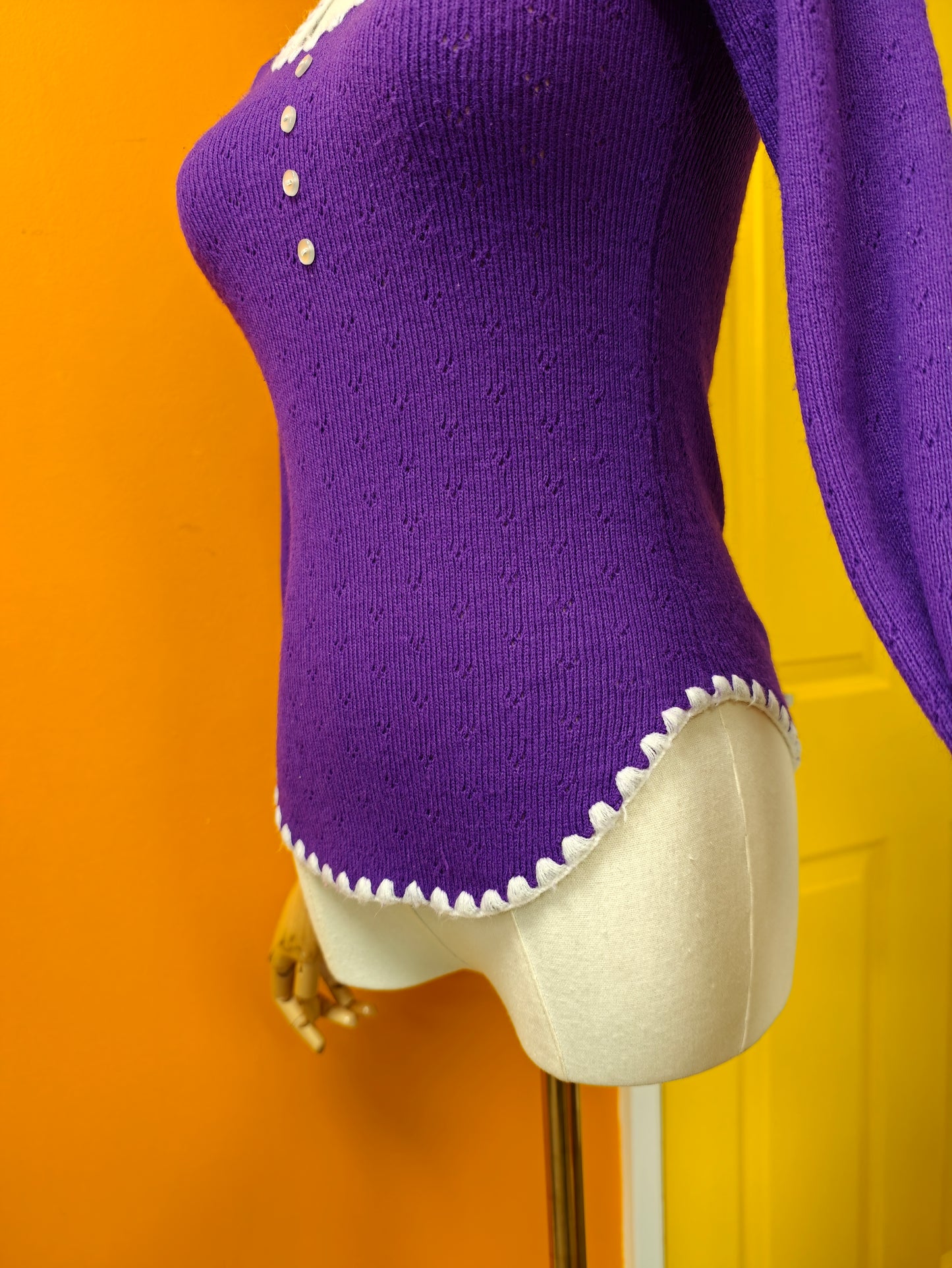 1970s purple knitted top with white trim - XS/S