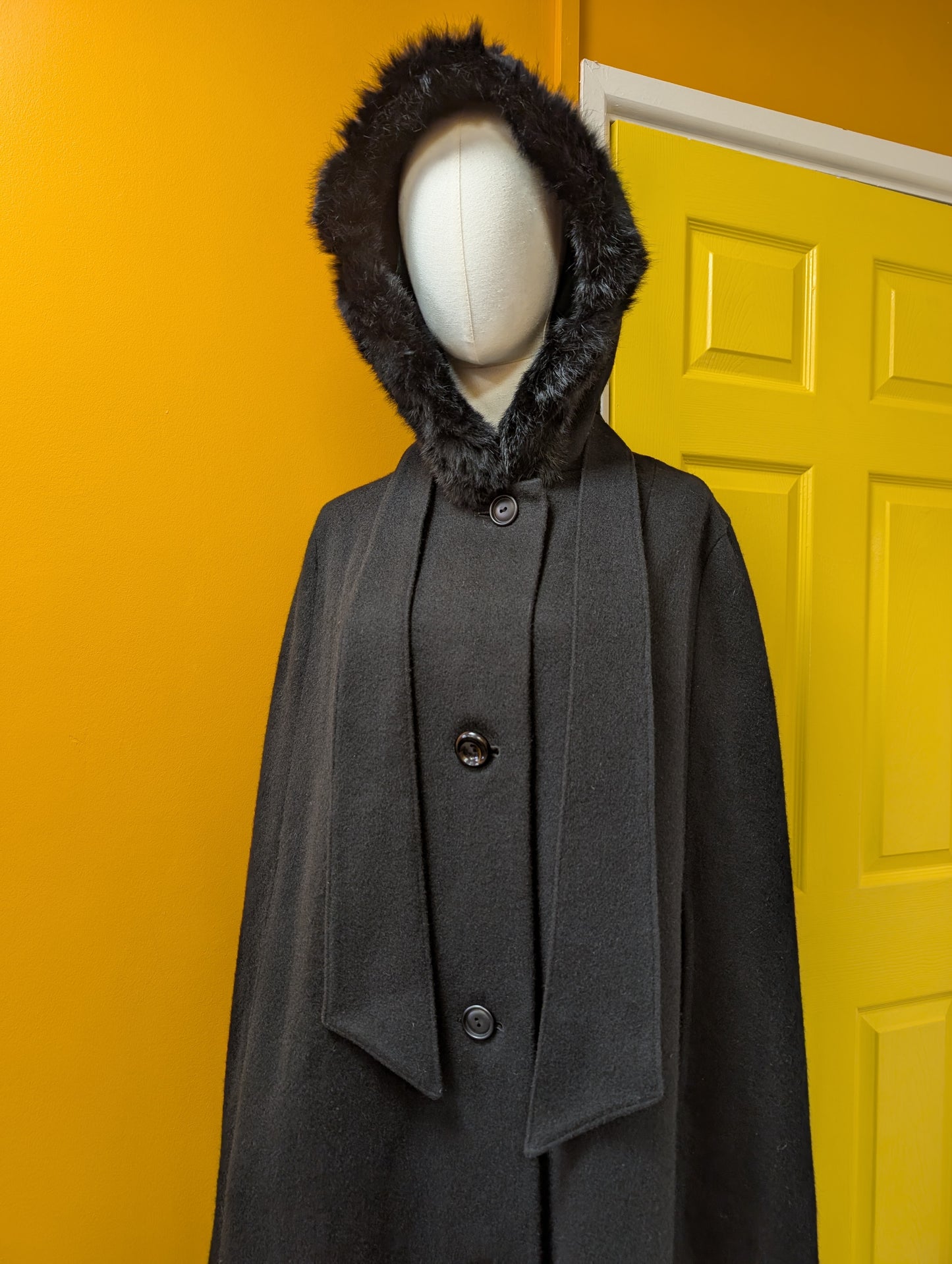 1960s Raymond of London black wool cape with fur trim