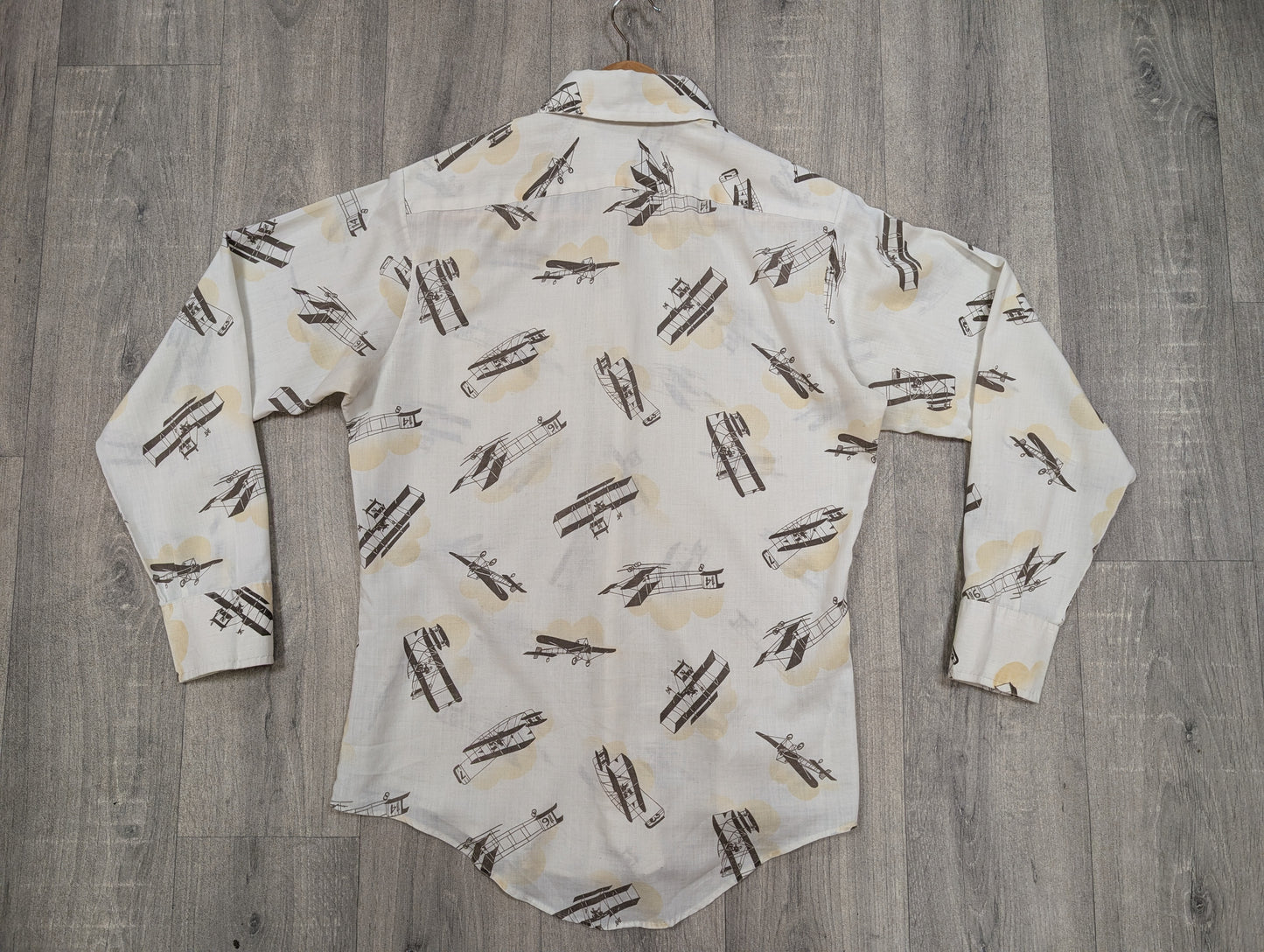 1970s Grants novelty aeroplane print dagger collar shirt