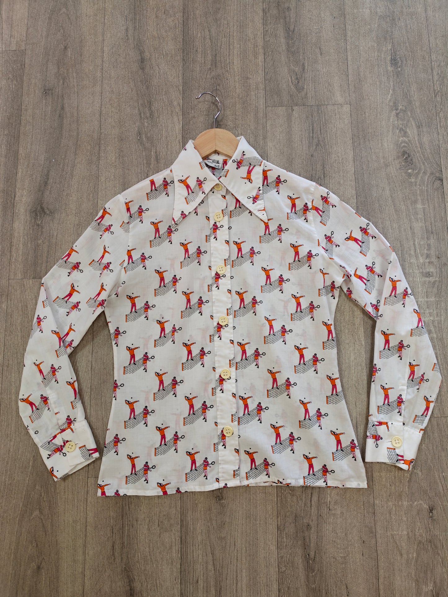 1970s novelty tennis print cotton dagger collar shirt - M