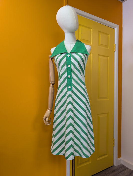1970s St Michael green & white striped cotton dress - S/8
