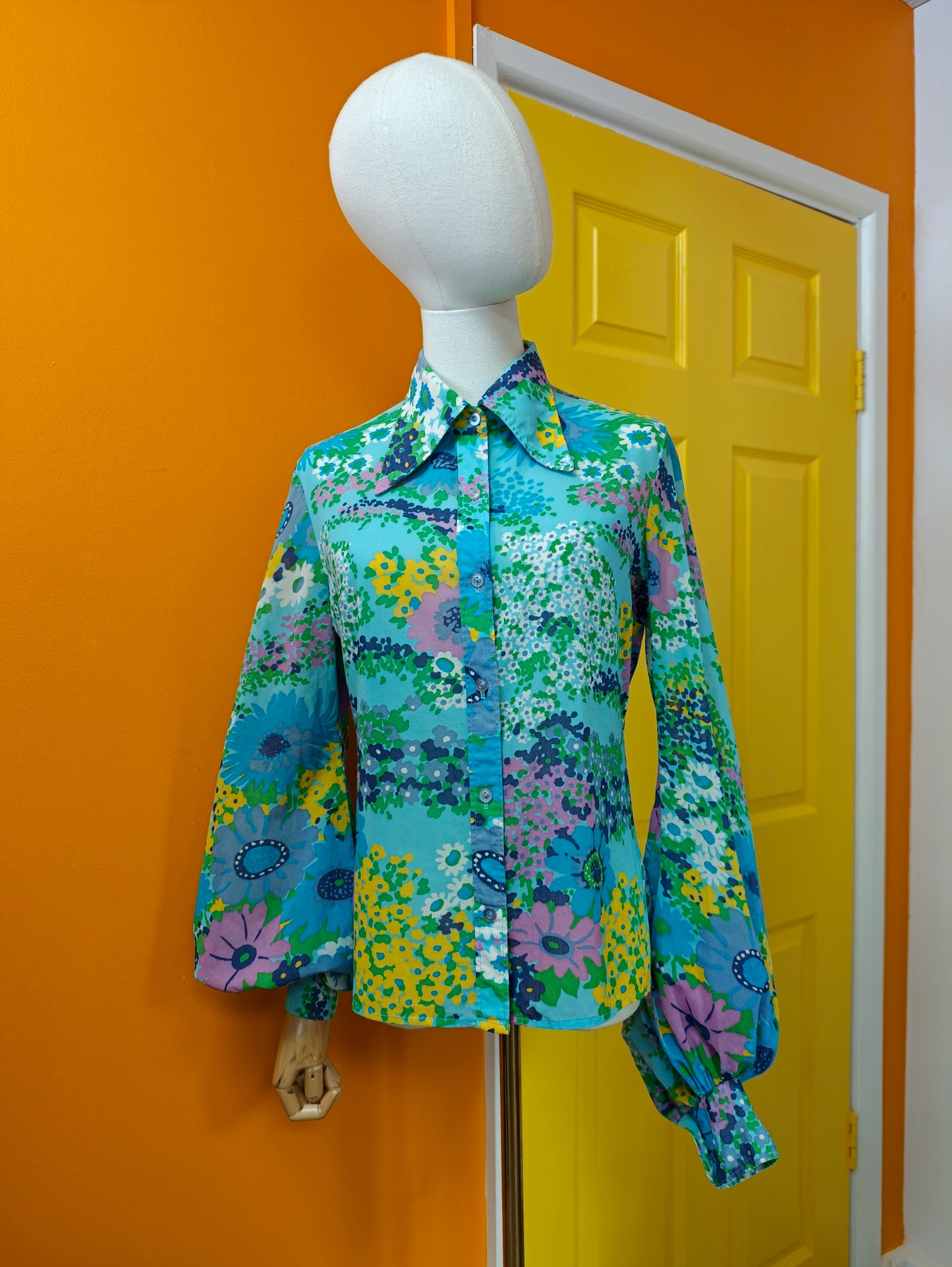 1970s St Michael floral cotton balloon sleeve shirt - M
