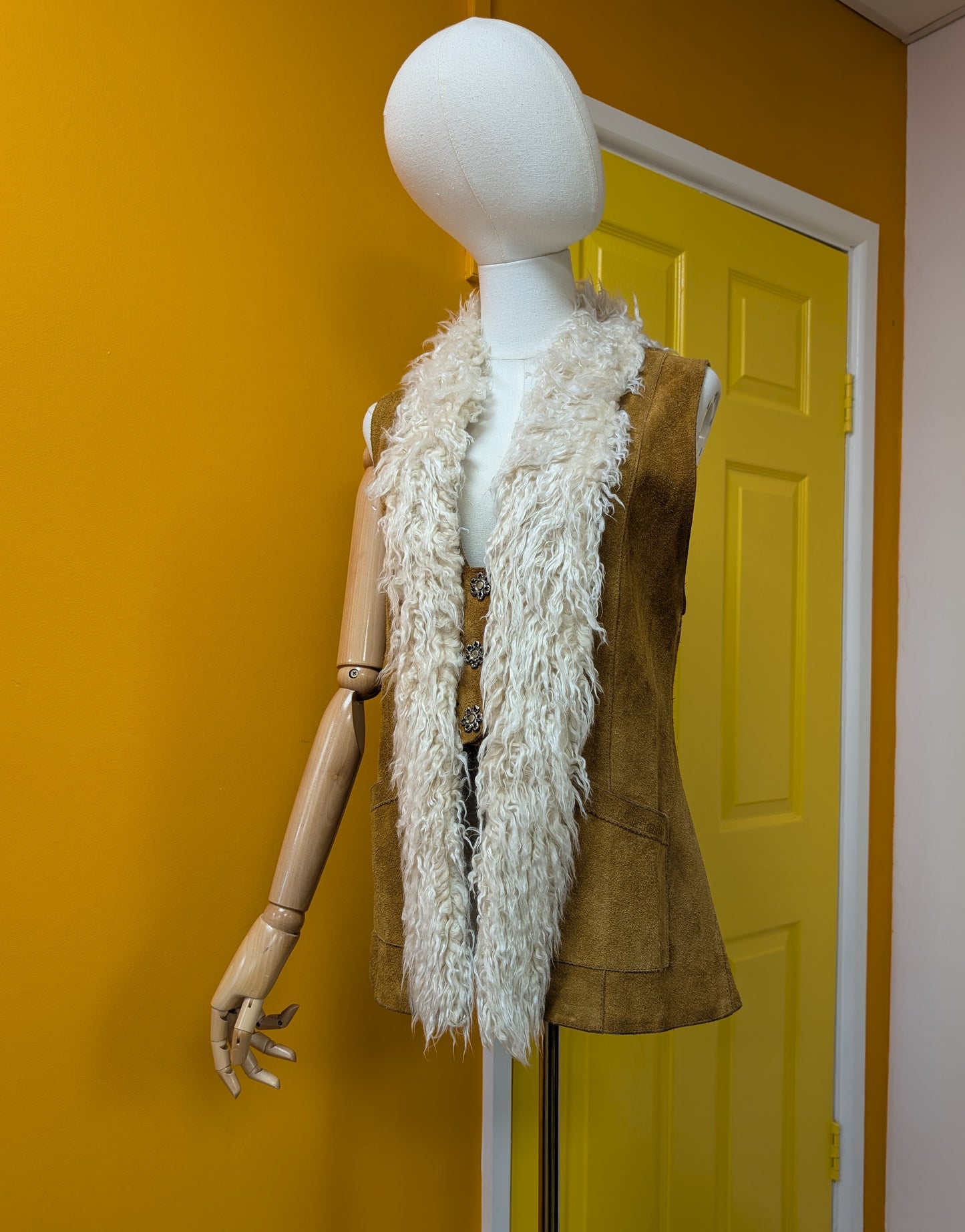 1970s suede waistcoat with faux fur trim - S