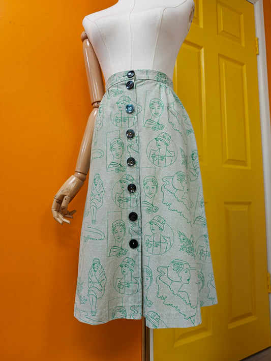 1970s novelty Art Deco print cotton skirt - 27" waist