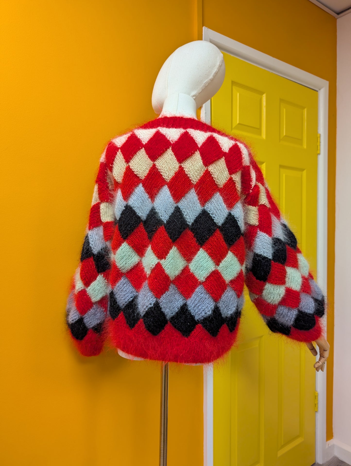 1980s red mohair hand knitted jumper - S/M