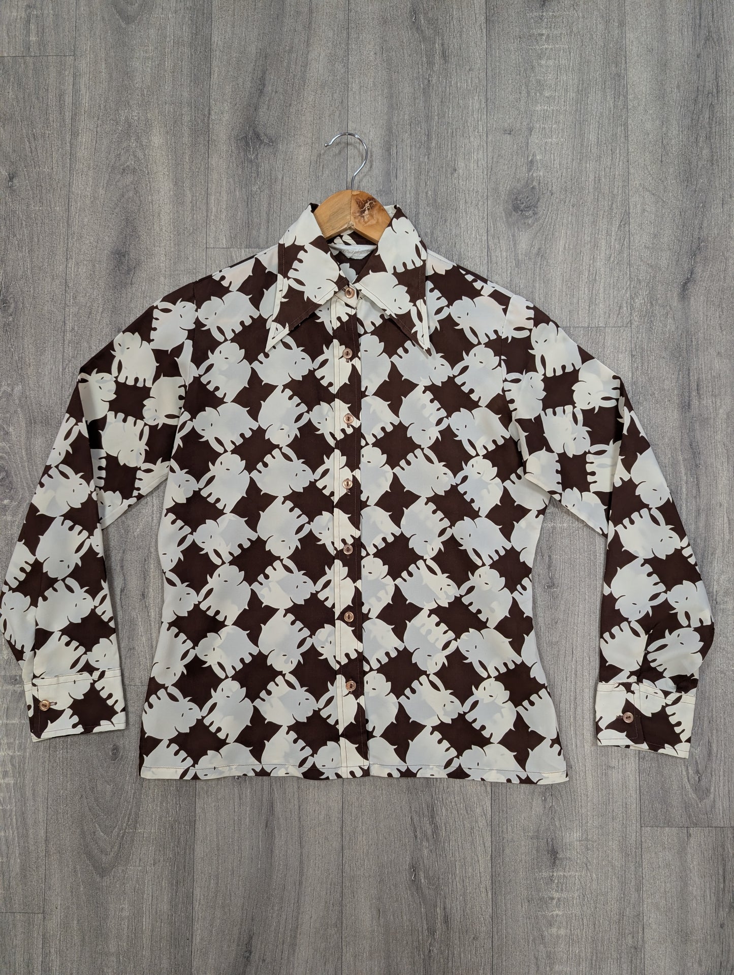 1970s novelty elephant print dagger collar shirt - M