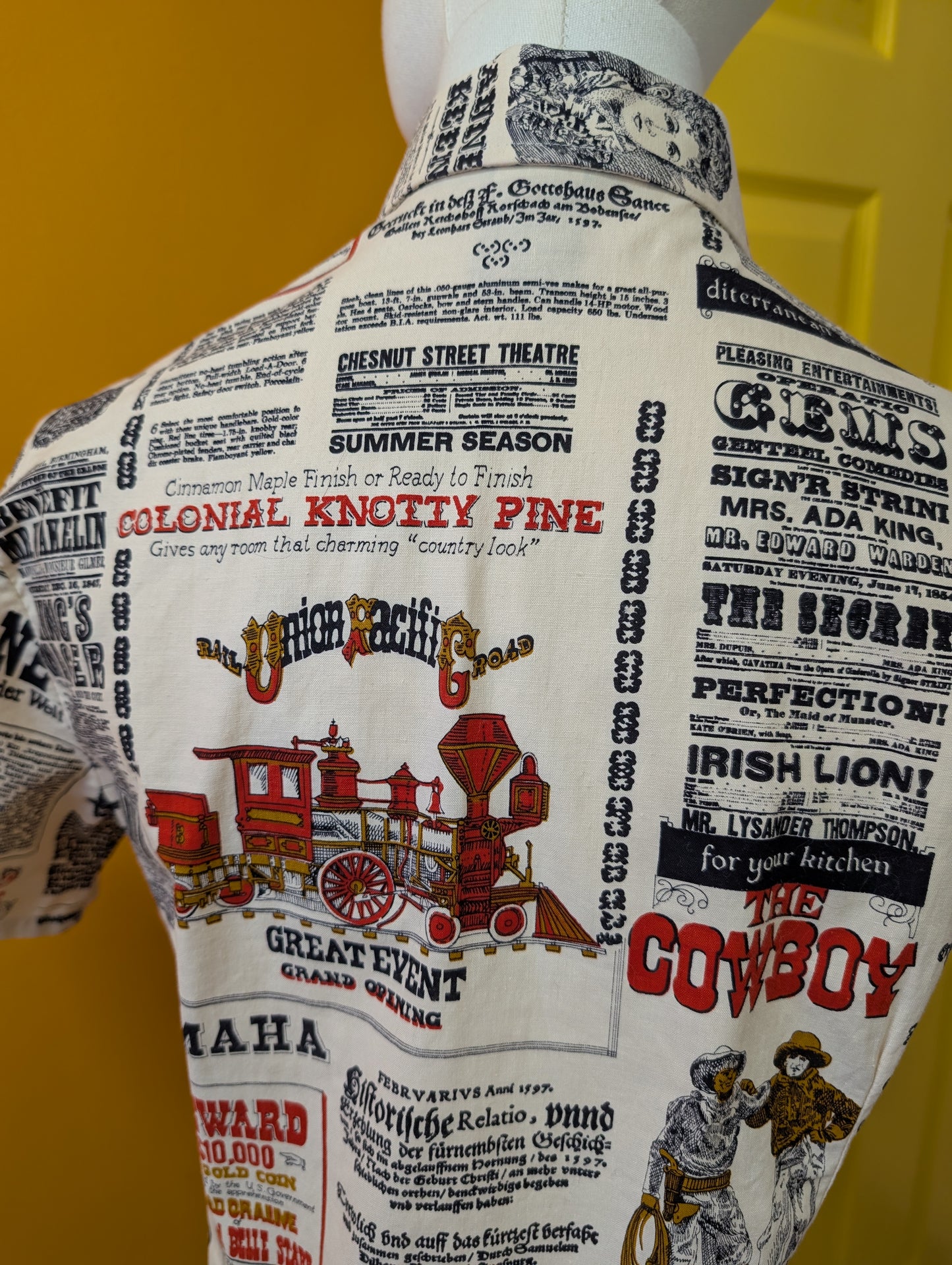 1970s St Michael novelty newspaper print dagger collar shirt