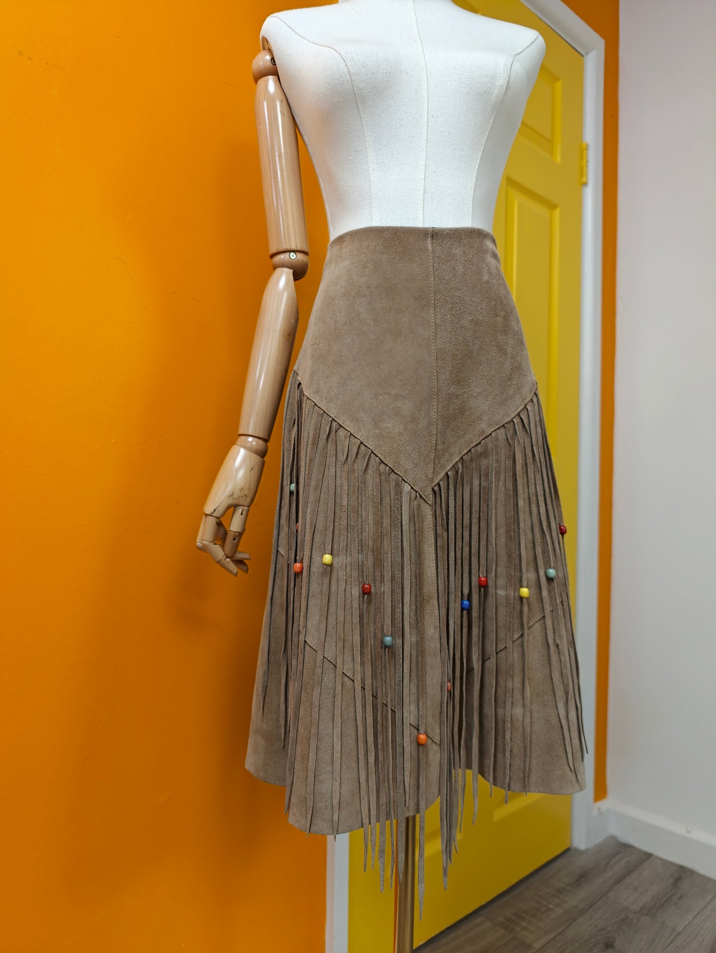 1970s beaded fringed suede skirt & waistcoat - M/12/14