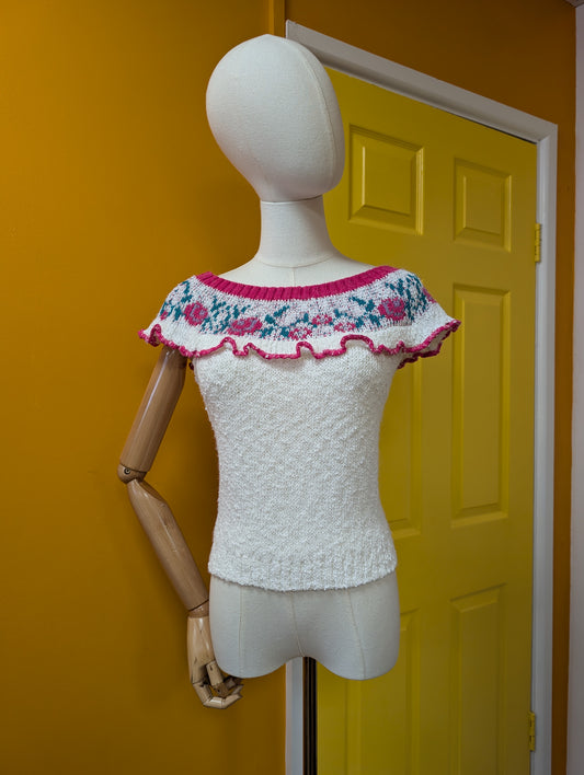 80s/90s pink & white floral jumper - XS/S