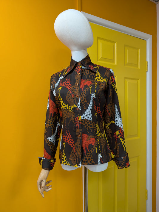 1970s novelty giraffe print dagger collar shirt - S