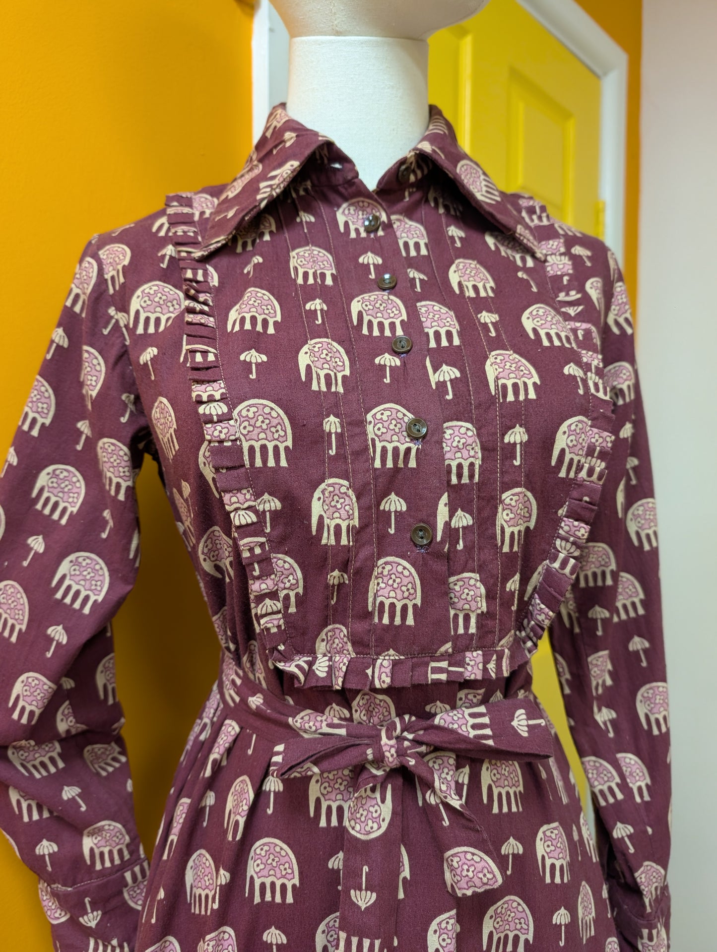 1970s India Imports elephant print cotton dress & belt - S/M