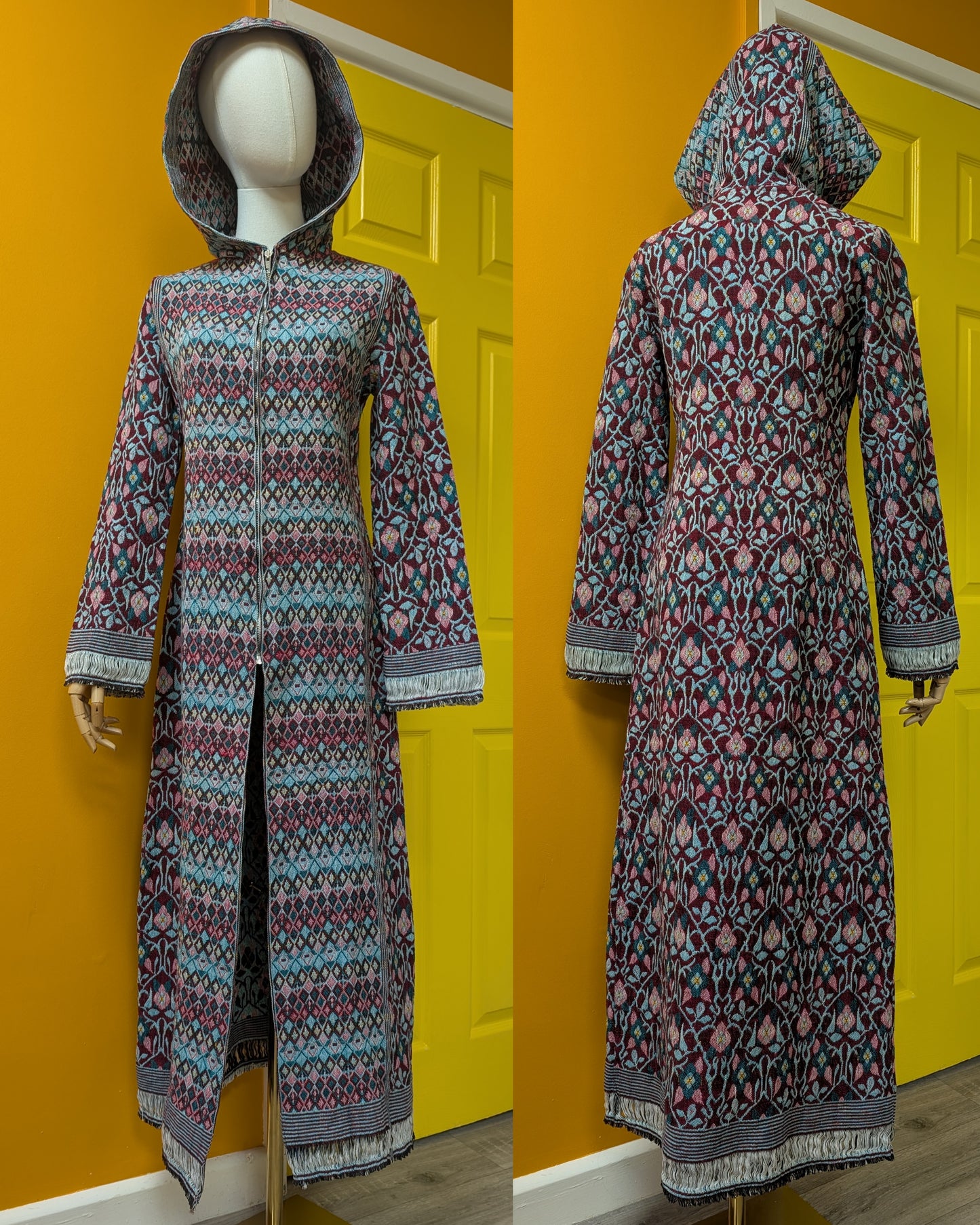 60s/70s cotton tapestry hooded maxi coat - XS