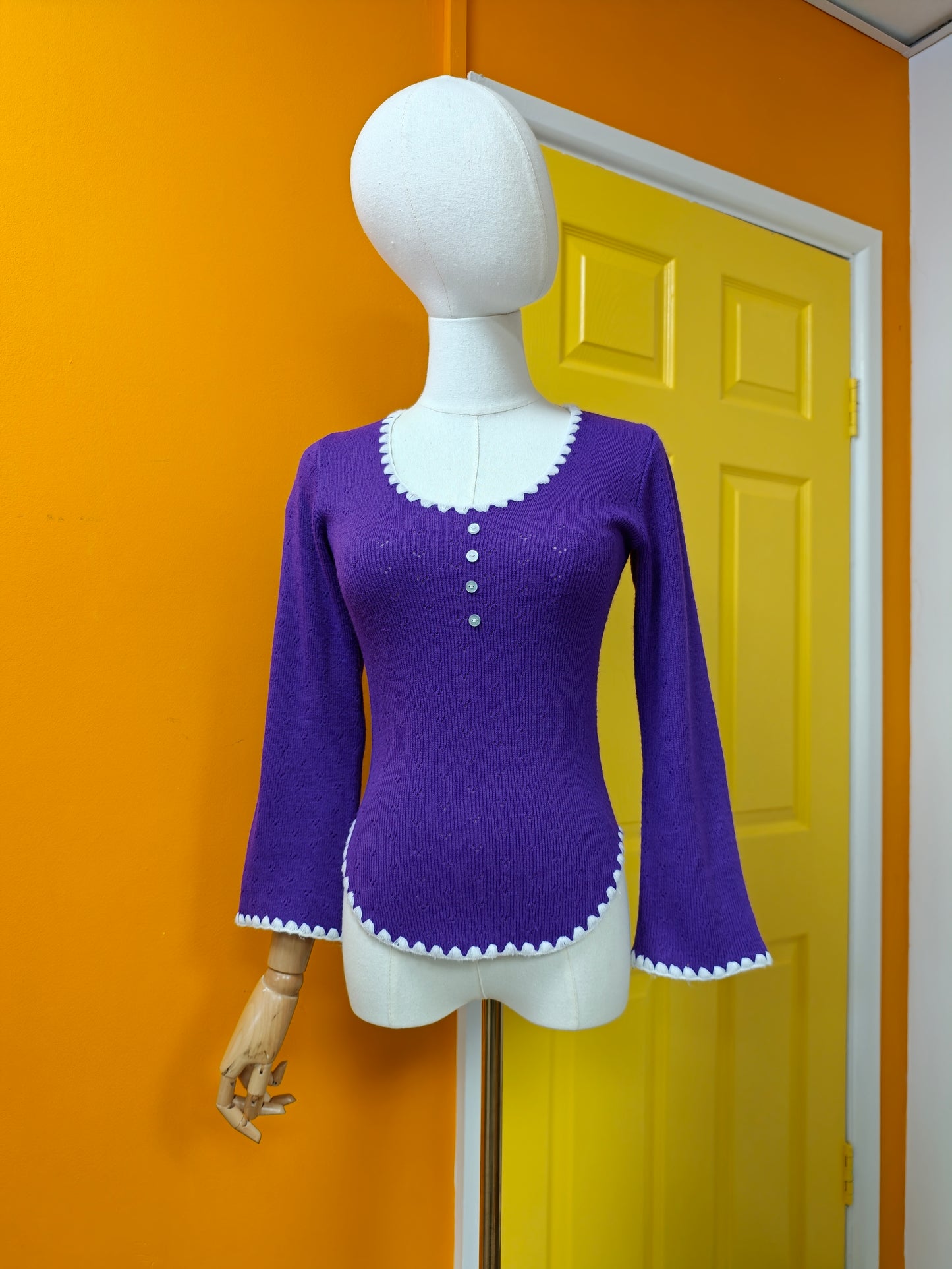 1970s purple knitted top with white trim - XS/S