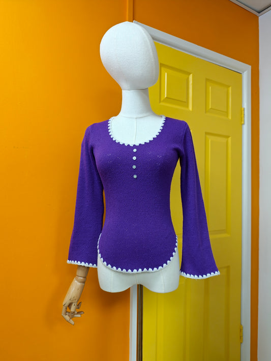 1970s purple knitted top with white trim - XS/S