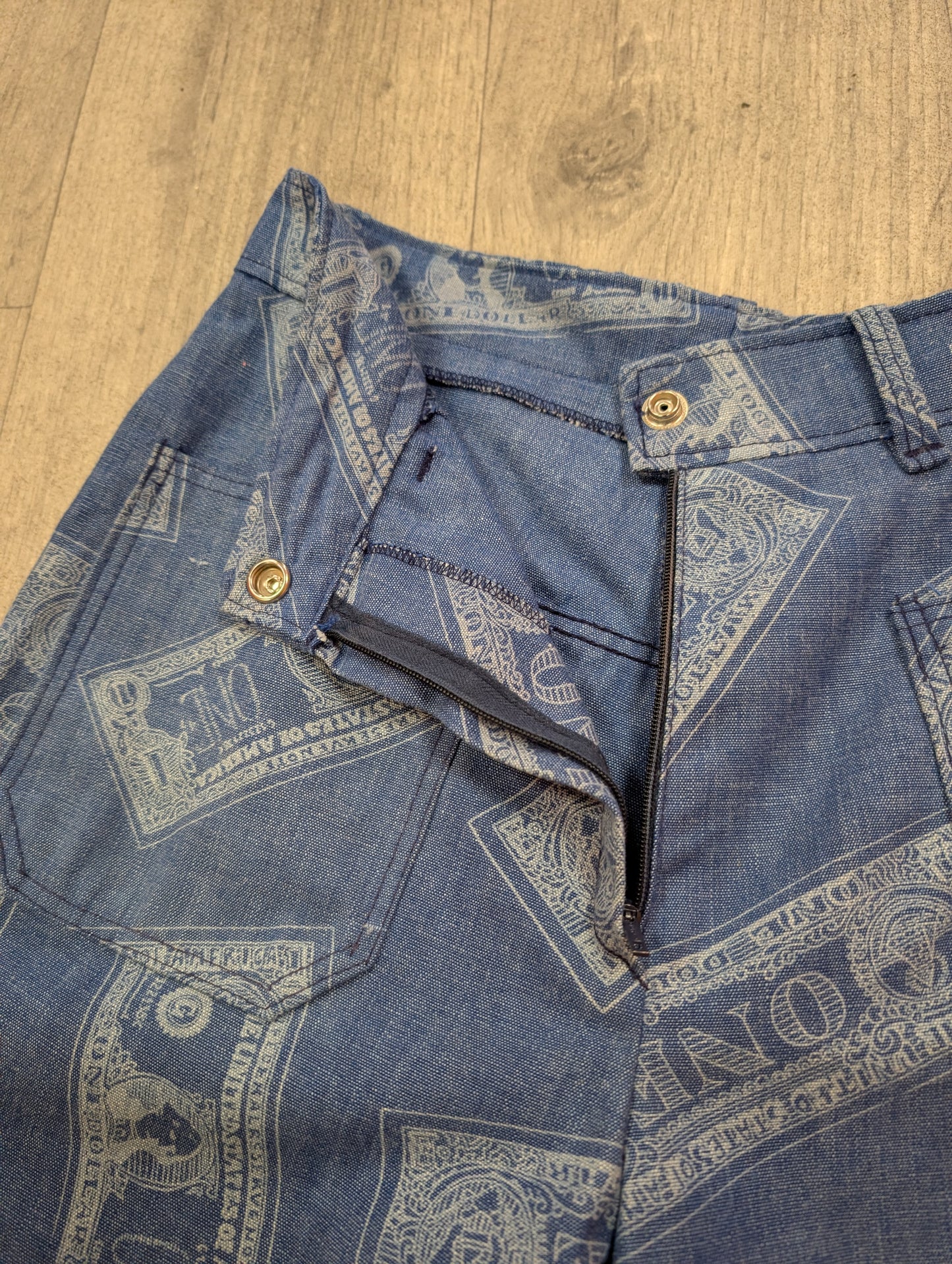 Epic 1970s Dereta novelty dollar bill print flares - 26"W 32"L