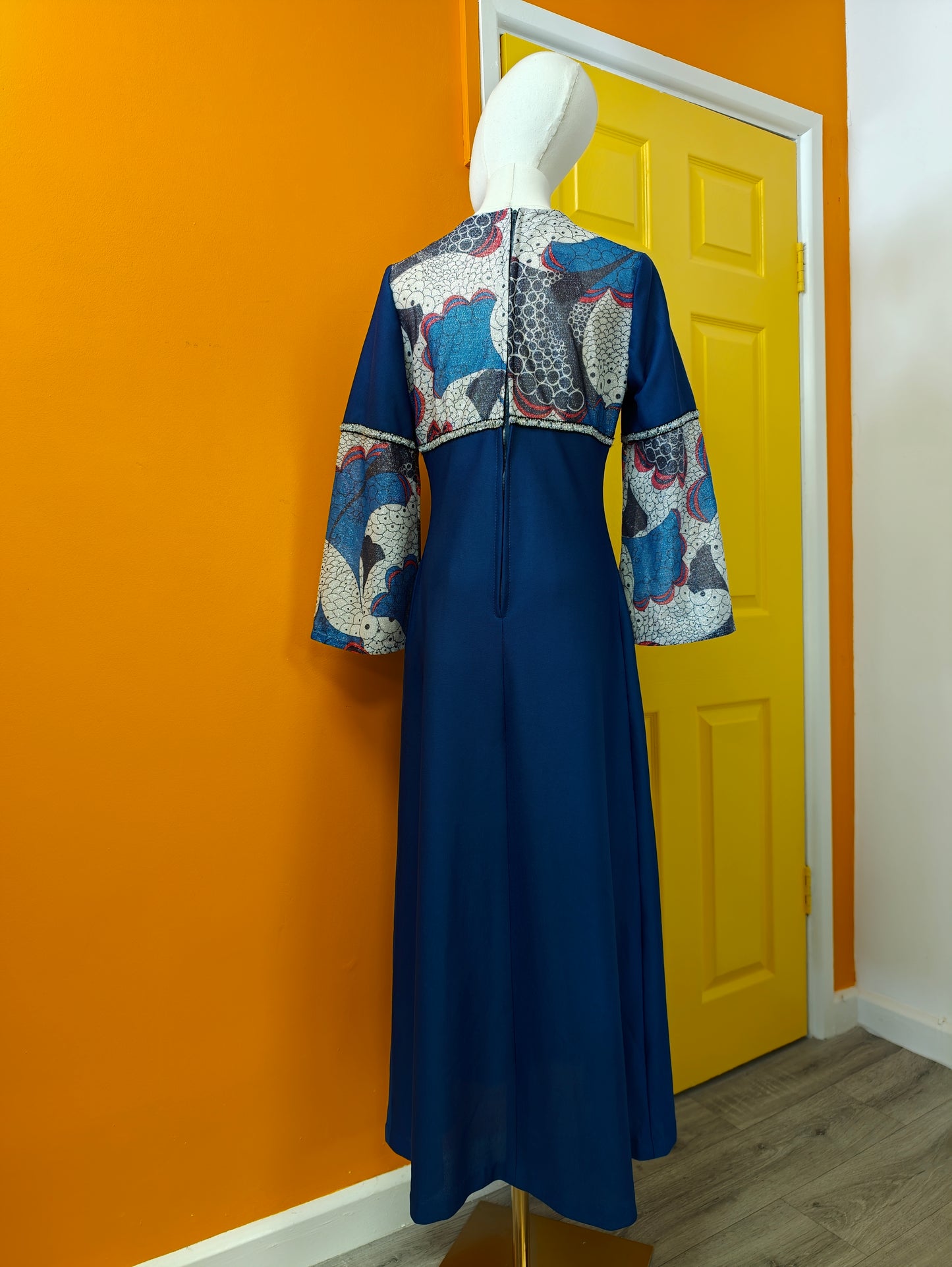 60s/70s blue & silver lurex maxi dress - M/12