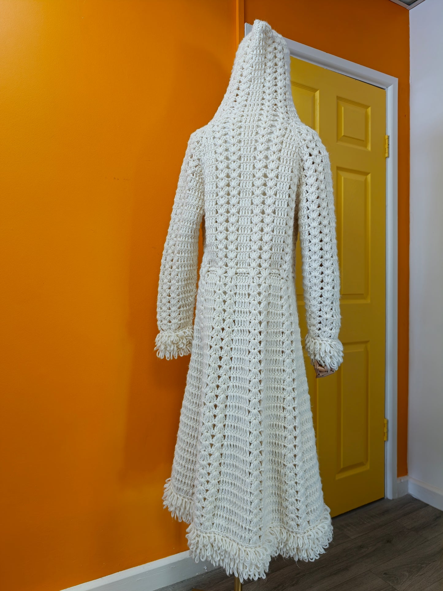 1970s crochet loop stitch hooded long cardigan