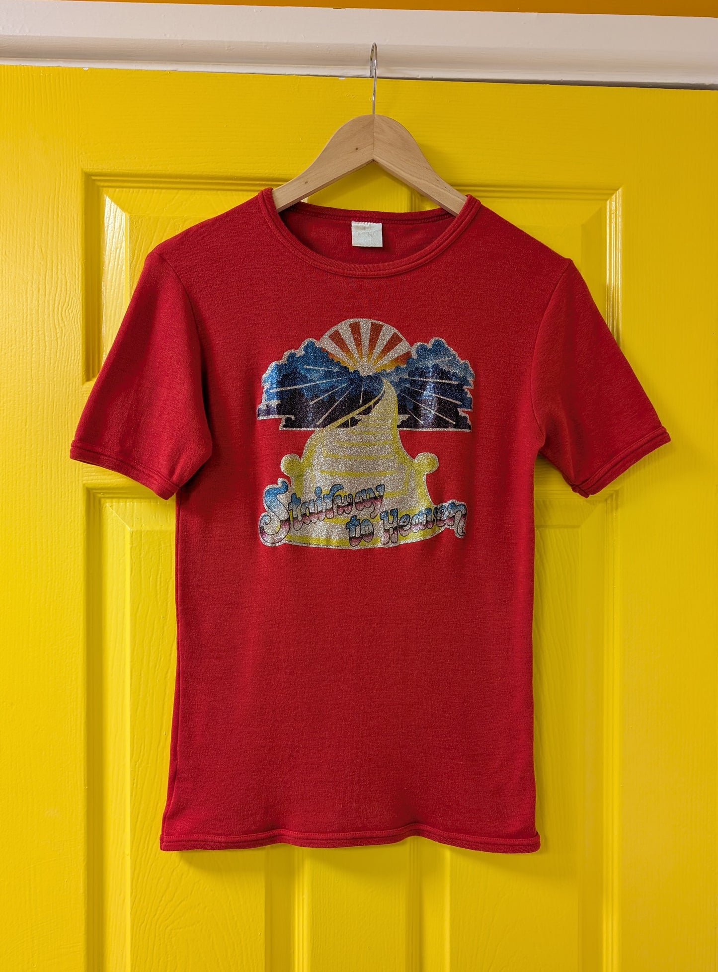 1970s red t-shirt with Led Zeppelin Stairway to Heaven glitter transfer