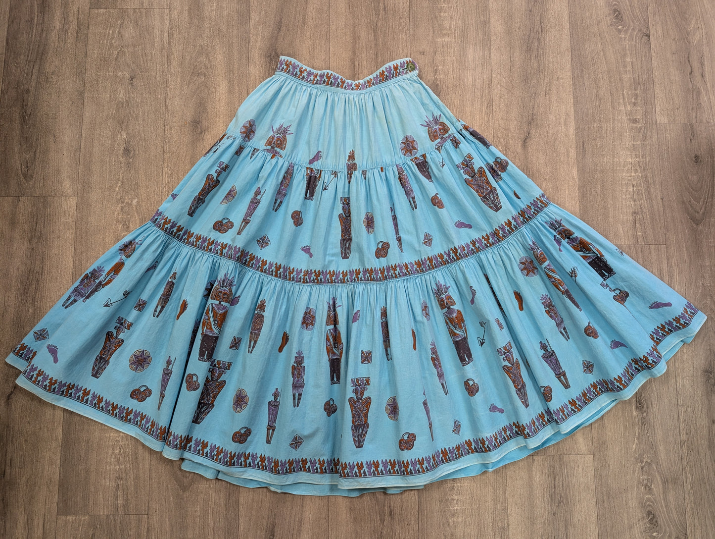 1950s blue cotton tiered novelty tribal print skirt - 23"/24" waist