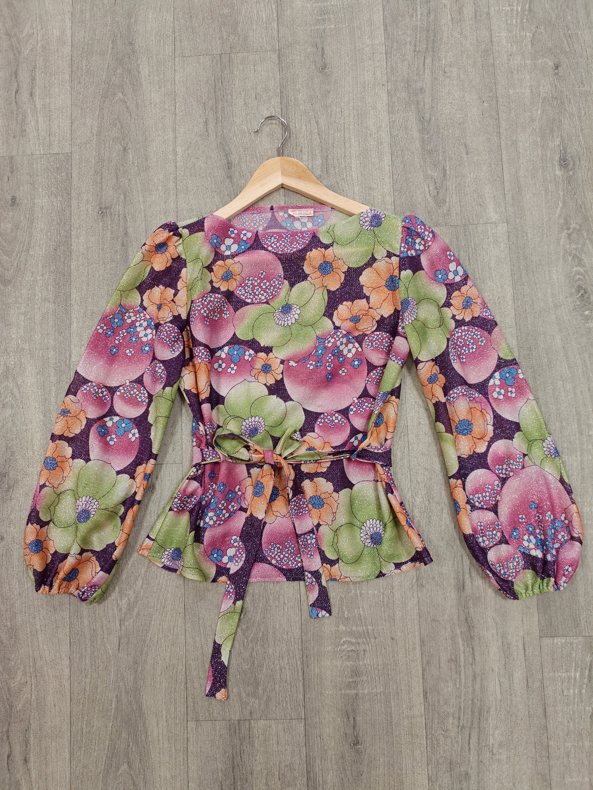 1970s floral lurex top with belt - S