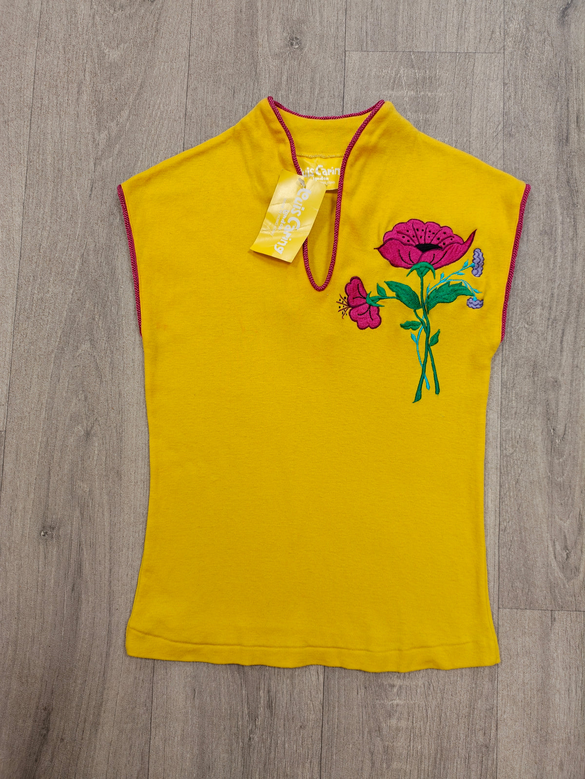 Deadstock 1970s Louis Caring yellow embroidered cotton top - XS/S
