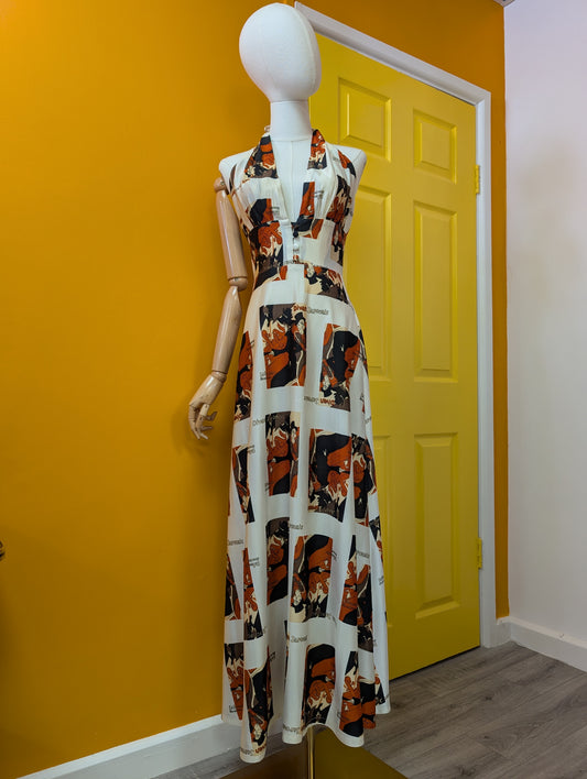 1970s Toulouse Lautrec print maxi dress - S/8