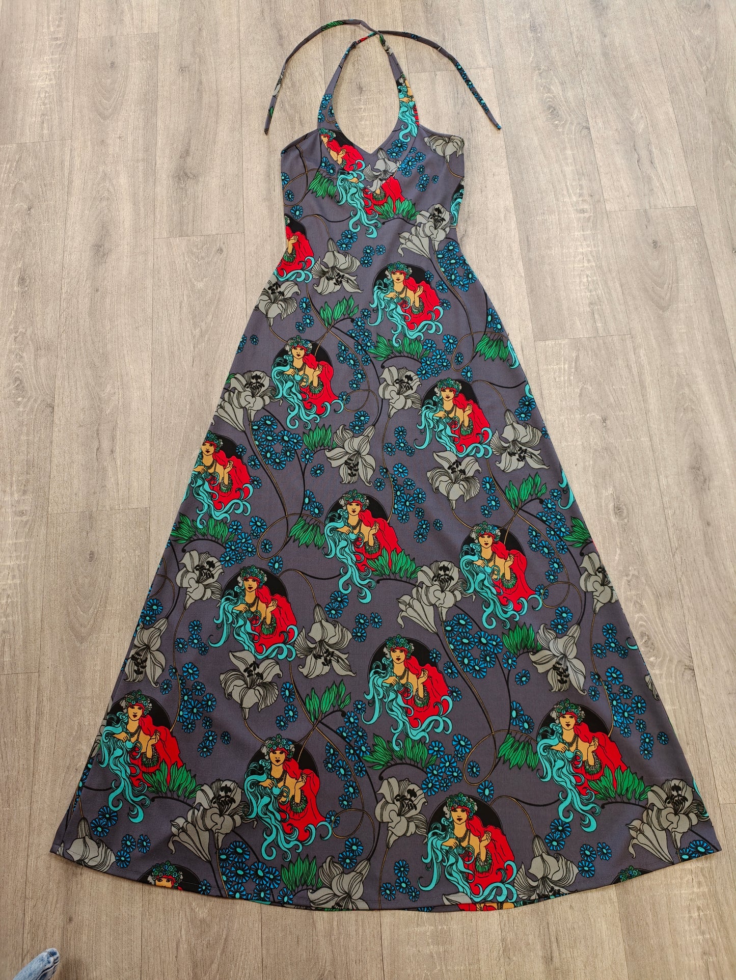1970s Suku San novelty Art Nouveau print halter neck maxi dress & jacket - XS/S/6/8