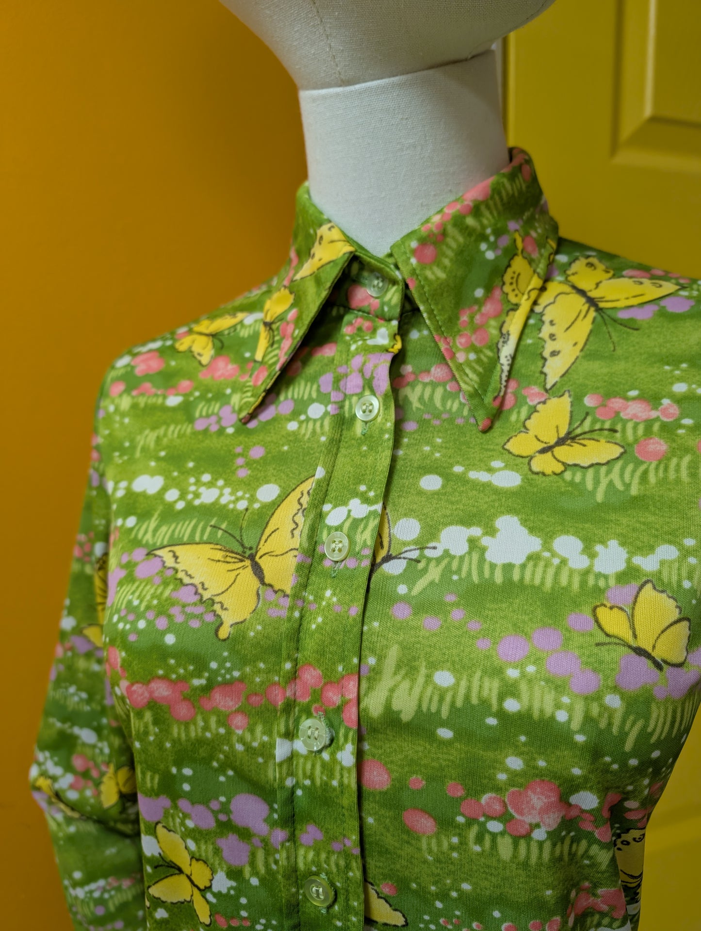 1970s Whip-O-Will green novelty butterfly print shirt - XS/S
