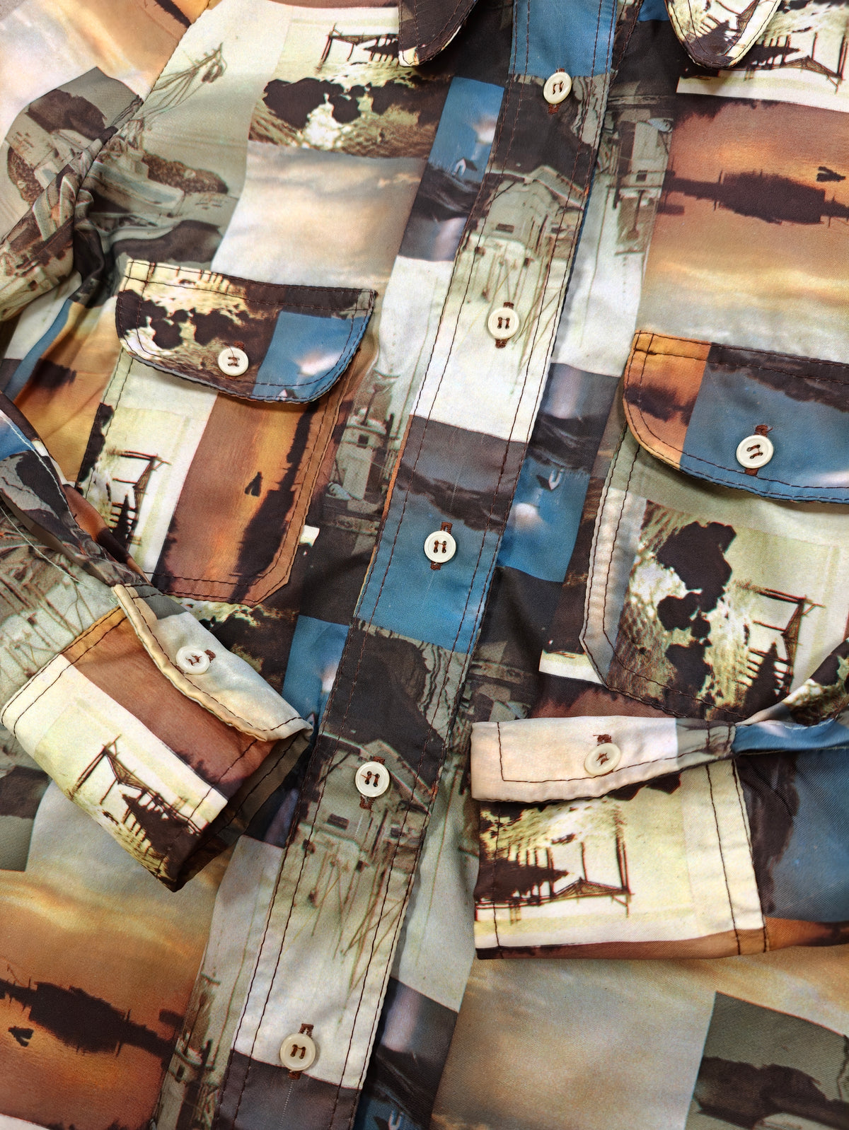 1970s photo print dagger collar shirt - XS