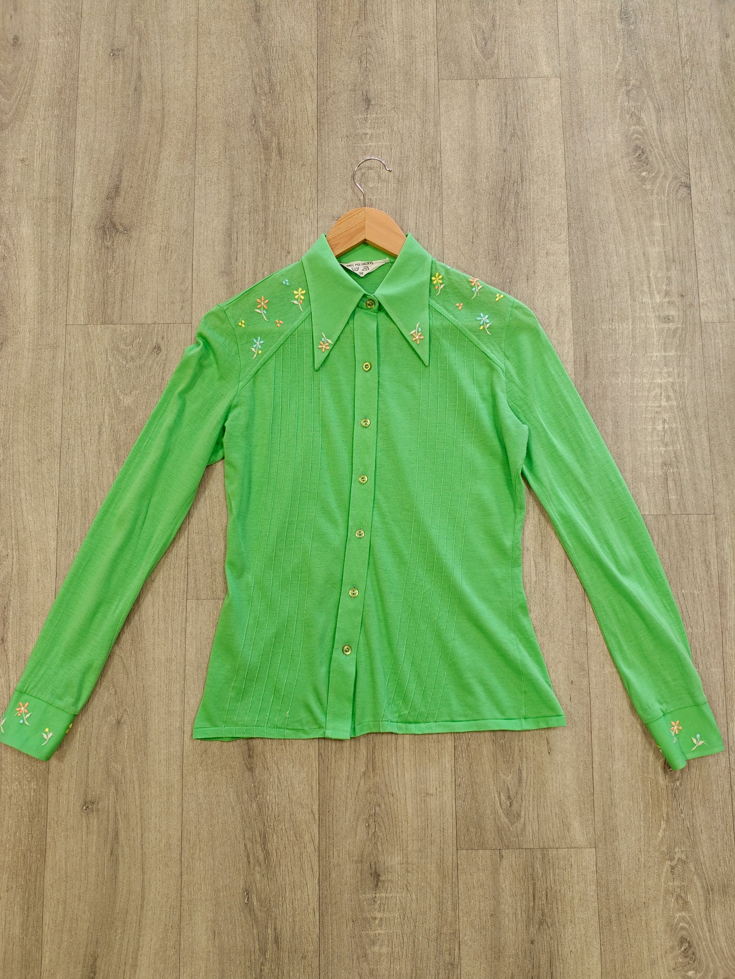 1970s embroidered green dagger collar shirt - S/M
