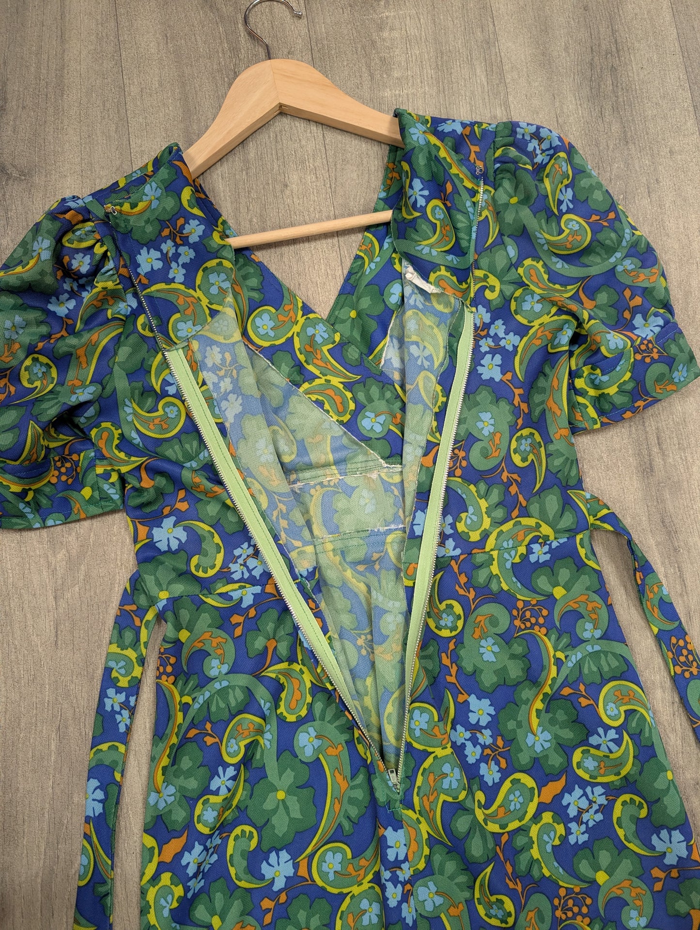 1970s green/blue paisley maxi dress - S/10