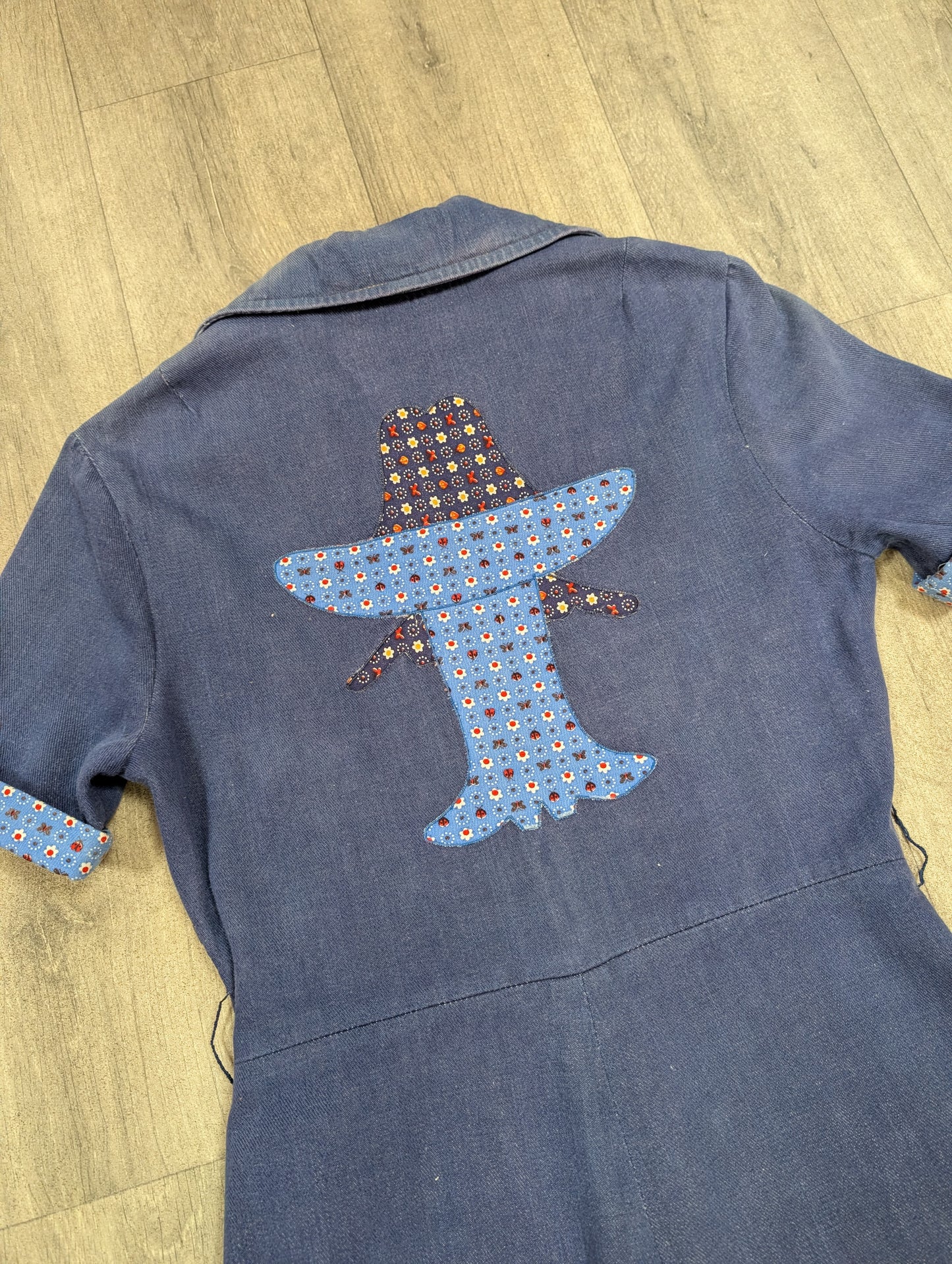 1970s Mexican denim jumpsuit with applique - S/M/10/12