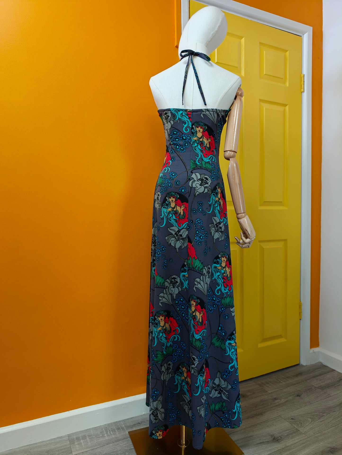1970s Suku San novelty Art Nouveau print halter neck maxi dress & jacket - XS/S/6/8