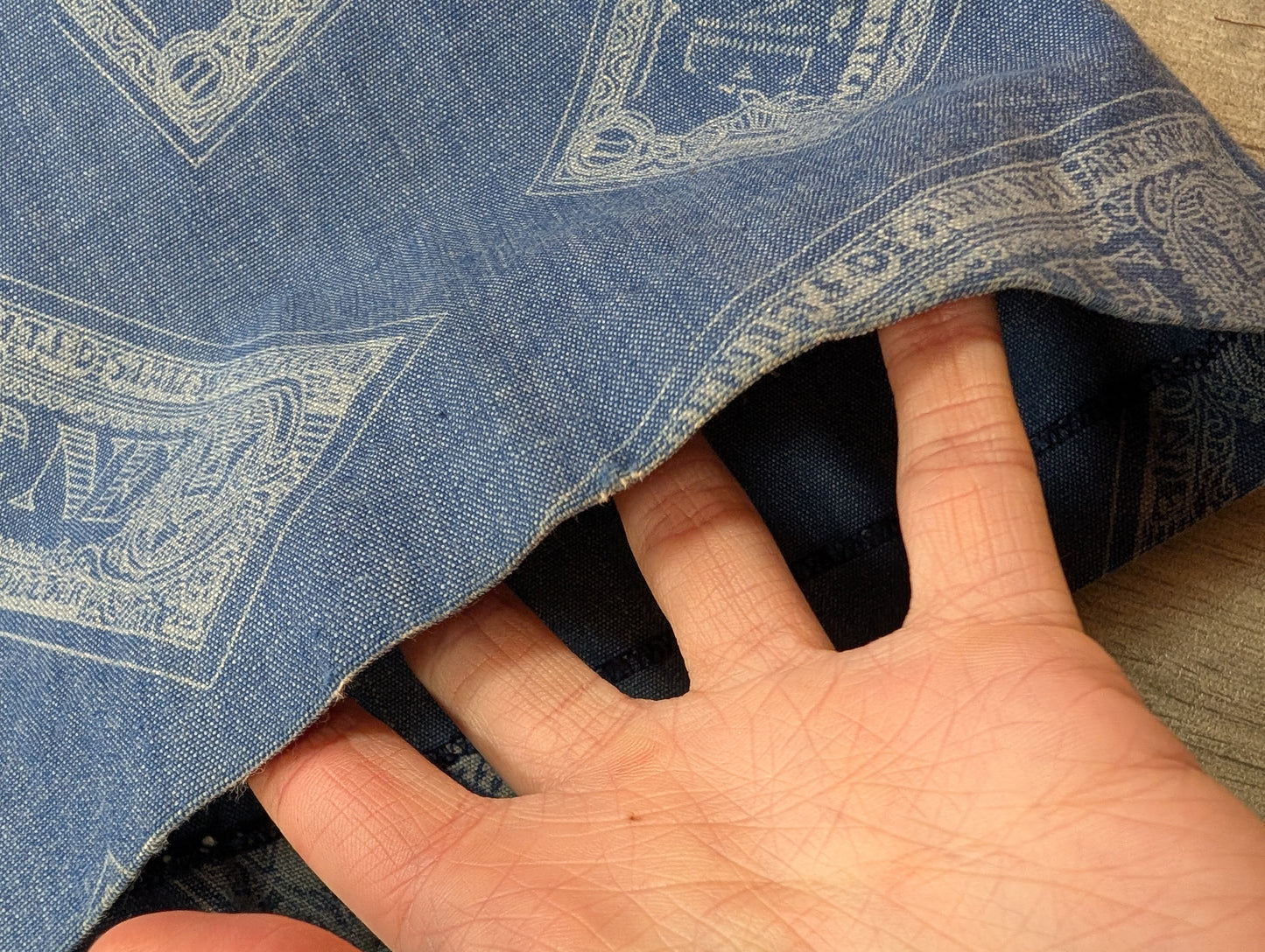 Epic 1970s Dereta novelty dollar bill print flares - 26"W 32"L