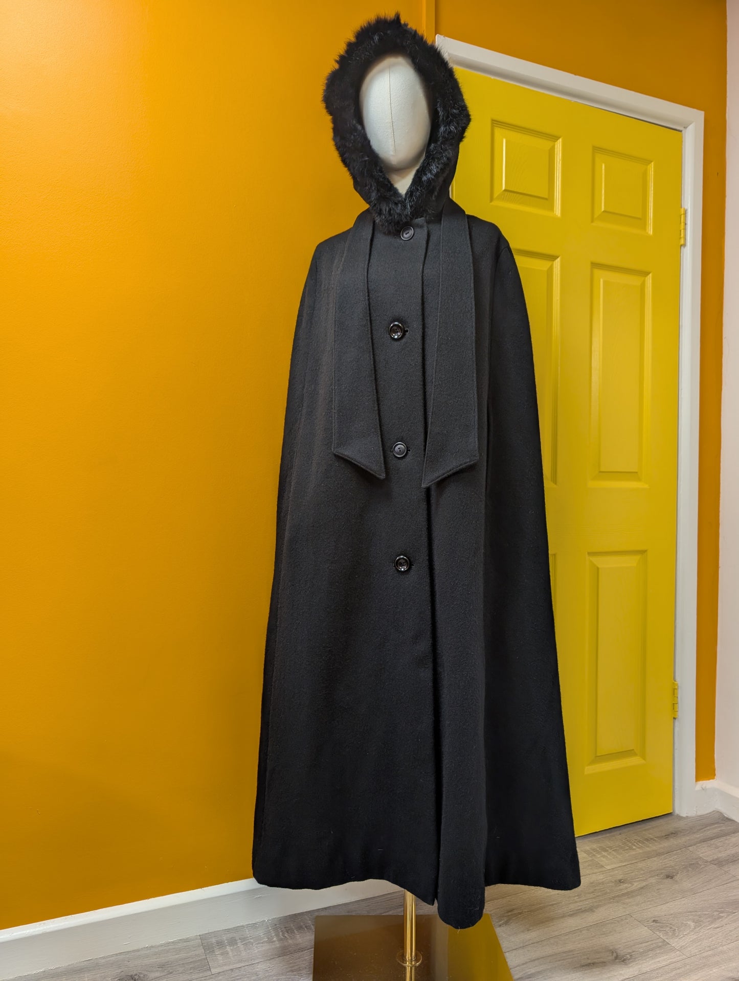 1960s Raymond of London black wool cape with fur trim
