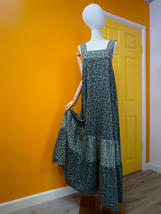 1970s Shelana green floral tiered cotton dress - XS/S/6/8
