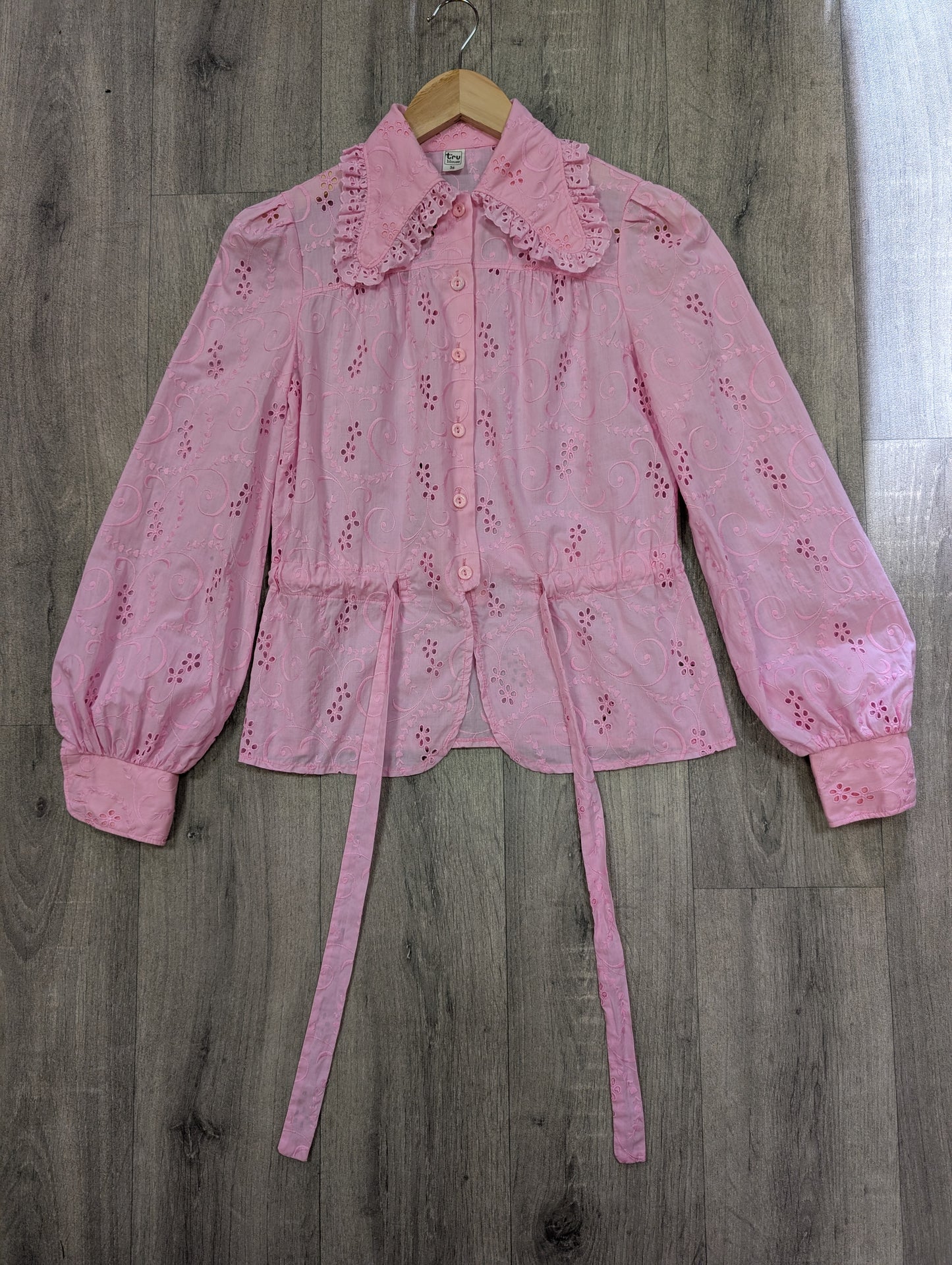 1970s pink broderie anglaise cotton blouse - XS