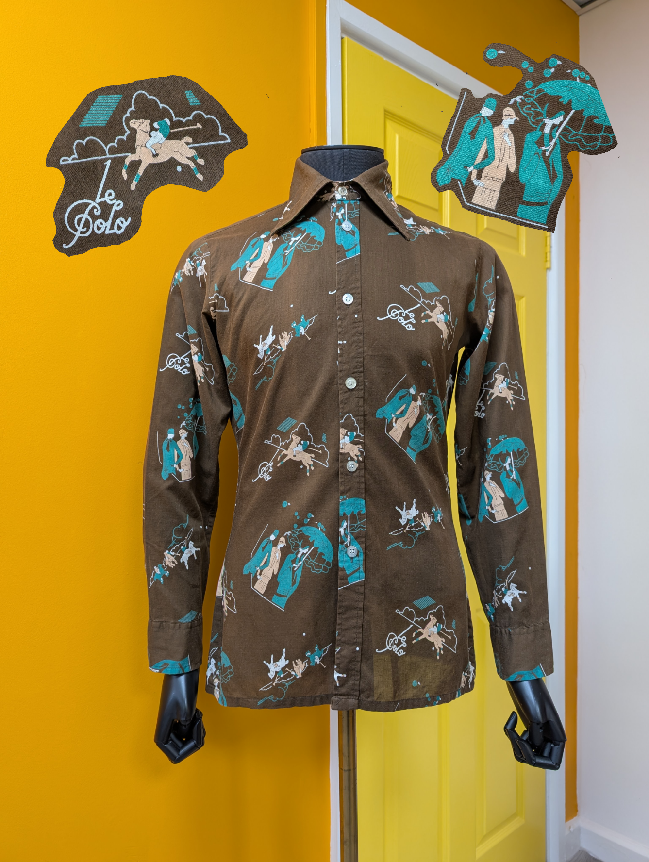 1970s Jonathan cotton Art Deco polo novelty print shirt