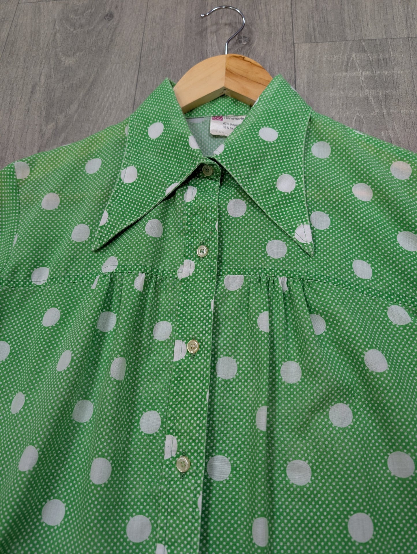1970s green & white polka dot dagger collar shirt - M