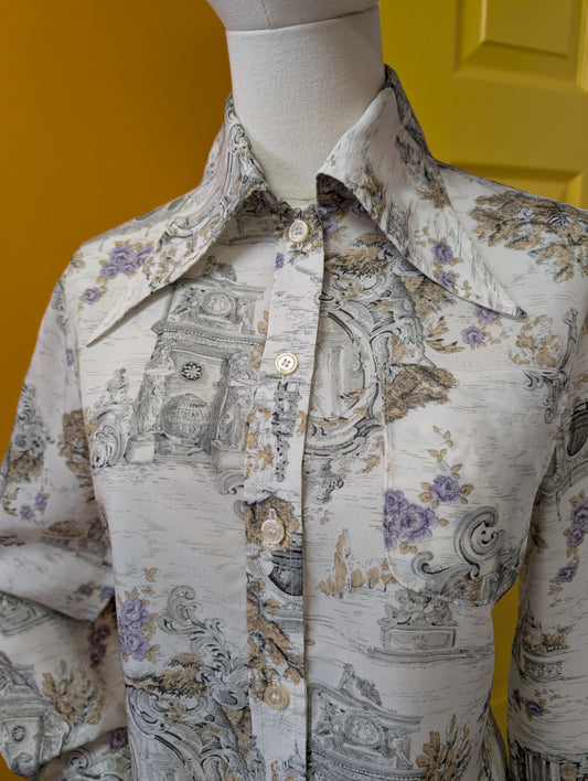 1970s novelty print dagger collar shirt - M
