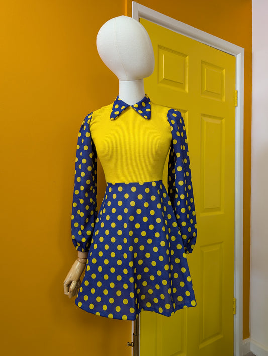 1970s navy blue/yellow spotty mini dress - XS/6