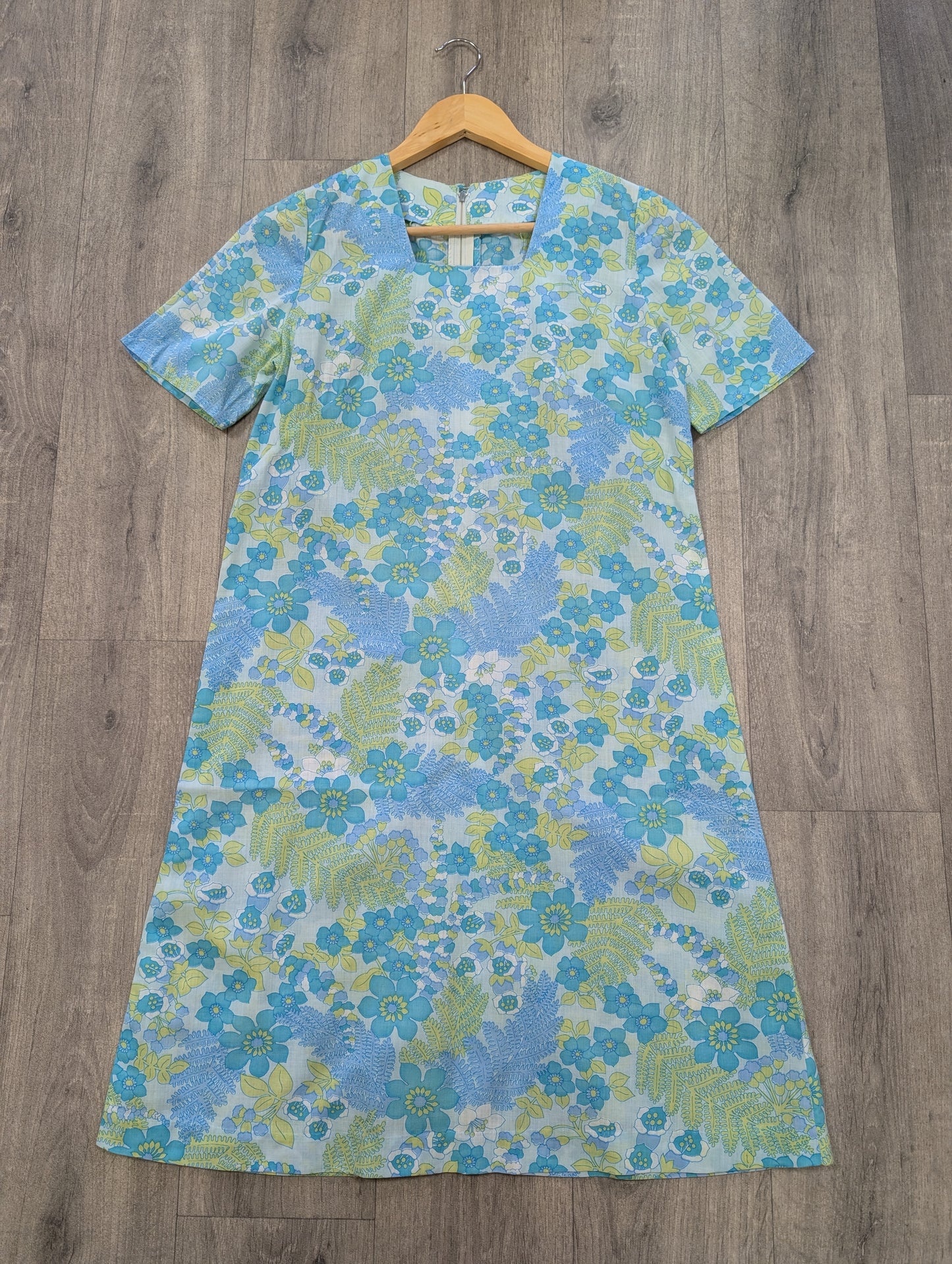 60s/70s green & blue floral dress - S/8/10